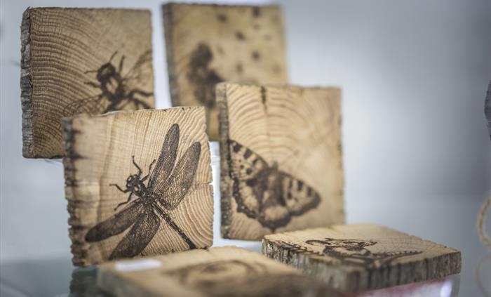 Handmade wooden art pieces featuring insects and butterflies engraved onto natural wood slices.